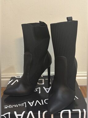 Wild Diva Black Pointed Toe Stretch-Knit Stiletto Ankle Boots